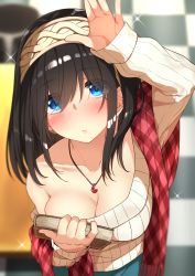 Rule 34 | 1girl, absurdres, bare shoulders, black hair, blue eyes, blue skirt, blush, book, breasts, cleavage, closed mouth, collarbone, go-1, hair between eyes, hairband, hand up, highres, holding, holding book, idolmaster, idolmaster cinderella girls, jewelry, large breasts, leaning forward, long hair, long sleeves, looking at viewer, necklace, off-shoulder sweater, off shoulder, pendant, ribbed sweater, sagisawa fumika, shawl, skirt, solo, sparkle, sweater, white sweater