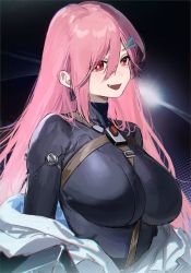 Rule 34 | 1girl, aochoku, bad id, bad twitter id, between breasts, black bodysuit, bodysuit, breasts, earrings, fang, girls&#039; frontline, hair ornament, hairclip, highres, jacket, jewelry, mole, mole under eye, off shoulder, official alternate costume, open clothes, open jacket, pink hair, red eyes, sig mcx (girls&#039; frontline), sig mcx (trans-dimensional sentinel) (girls&#039; frontline), spacesuit, spade (shape), spade earrings, strap between breasts, upper body