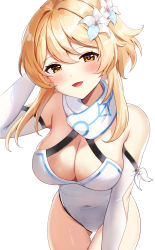 1girl :d absurdres arm_behind_head bare_shoulders blonde_hair blush breasts cleavage covered_navel detached_sleeves flower genshin_impact hair_between_eyes hair_flower hair_ornament highres large_breasts leaning_forward long_hair looking_at_viewer lumine_(genshin_impact) multiple_girls one-piece_swimsuit open_mouth pn_(wnsl216) simple_background smile solo swimsuit thighs white_flower white_one-piece_swimsuit yellow_eyes