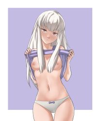 Rule 34 | 1girl, bare shoulders, bow, bow panties, breasts, clothes lift, fire emblem, fire emblem: three houses, lifting own clothes, long hair, looking at viewer, lysithea von ordelia, midriff, navel, nintendo, nipples, panties, pomelomelon, purple eyes, shirt lift, small breasts, solo, thigh gap, topless, underwear, white hair, white panties