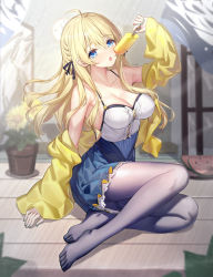 Rule 34 | 1girl, arm up, black ribbon, blonde hair, blue eyes, blue nails, blue skirt, blush, braid, breasts, camisole, center frills, cleavage, commentary request, feet, flower, flower pot, food, frills, fruit, grey pantyhose, hair between eyes, hair ribbon, holding, holding food, ice cream, jacket, large breasts, long hair, long sleeves, looking at viewer, nail polish, no shoes, off shoulder, open clothes, open jacket, original, pantyhose, parted lips, ribbon, ririko (zhuoyandesailaer), saegusa futaba, skirt, sleeves past wrists, solo, sunflower, thighband pantyhose, toes, very long hair, watermelon, watermelon slice, white camisole, yellow flower, yellow jacket