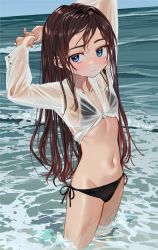 Rule 34 | 1girl, arms behind head, arms up, bikini, blue eyes, blush, brown hair, closed mouth, commentary, day, duplicate, elisia valfelto, eyebrows hidden by hair, front-tie top, hair intakes, highres, horizon, long hair, looking at viewer, luicent, navel, ocean, original, outdoors, revision, see-through, shirt, side-tie bikini bottom, solo, standing, swimsuit, tied shirt, very long hair, water, wet, wet clothes, wet shirt, white shirt