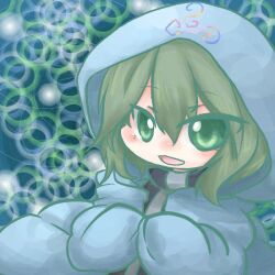 Rule 34 | 1other, androgynous, black shirt, blue jacket, colored lineart, commentary request, gekkamofu, green eyes, green hair, hair between eyes, hood, hood up, hooded jacket, jacket, len&#039;en, long sleeves, medium hair, open mouth, other focus, shirt, shitodo aoji, smile, solo