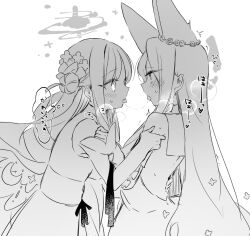 Rule 34 | 2girls, after kiss, animal ears, backless dress, backless outfit, blue archive, blush, breath, detached sleeves, dress, eye contact, facing another, fox ears, greyscale, hair bun, halo, holding another&#039;s arm, kiss, long hair, looking at another, mika (blue archive), monochrome, multiple girls, saliva, saliva trail, seia (blue archive), single side bun, straight hair, sweat, thought bubble, tongue, tongue out, translation request, upper body, very long hair, wings, yun (dust-i1), yuri