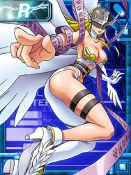 Rule 34 | 1girl, angel wings, angewomon, ass, asymmetrical clothes, asymmetrical footwear, blonde hair, breasts, cleavage, covered eyes, digimon, digimon (creature), helmet, high heels, lowres, mismatched footwear, o-ring, official art, open mouth, outstretched arm, pointing, solo, thigh strap, twisted torso, wings