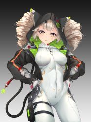 Rule 34 | 1girl, audio jack, blonde hair, bodysuit, breadthree, breasts, cable, covered navel, drill hair, fake tail, hand on own hip, highres, hood, hooded jacket, jacket, looking at viewer, medium breasts, medium hair, shiro (tower of fantasy), simple background, smile, standing, tail, thigh strap, tower of fantasy, twin drills, white bodysuit, yellow eyes