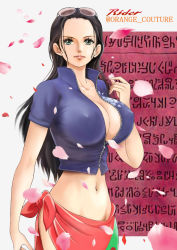 Rule 34 | 1girl, arm at side, bare arms, black hair, breasts, cleavage, closed mouth, collarbone, covered erect nipples, cowboy shot, cropped jacket, expressionless, eyewear on head, falling petals, green eyes, hair slicked back, hand up, highres, huge breasts, jacket, lips, long hair, looking at viewer, midriff, navel, nico robin, one piece, partially unzipped, petals, rider (orange couture), sarong, short sleeves, solo, stomach, sunglasses, twitter username, very long hair, zipper