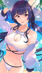 Rule 34 | 1girl, alternate hairstyle, arm up, ashita (2010), bare shoulders, beach, bikini, black hair, blunt bangs, blush, breasts, brown eyes, cleavage, collarbone, cowboy shot, dappled sunlight, day, dot nose, hair tie, hat, highres, idolmaster, idolmaster shiny colors, jacket, long hair, long sleeves, looking at viewer, low twintails, mayuzumi fuyuko, medium breasts, navel, ocean, off shoulder, open mouth, outdoors, palm tree, smile, solo, sparkle, standing, sunlight, swimsuit, tree, twintails, white bikini, white jacket, yellow hat