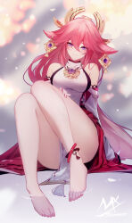 Rule 34 | 1girl, absurdres, bare shoulders, barefoot, bell, blurry, blurry background, breasts, closed mouth, commentary, depth of field, genshin impact, hair between eyes, hand on own thigh, hand up, highres, jingle bell, knees up, large breasts, long hair, looking at viewer, pelvic curtain, pink hair, purple eyes, shimmer, shirt, signature, sitting, sleeveless, sleeveless shirt, smile, solo, symbol-only commentary, very long hair, water, white shirt, yae miko