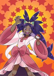 Rule 34 | 1girl, :d, bow, commentary request, creatures (company), dress, eyelashes, game freak, hair rings, hands up, highres, holding, holding poke ball, iris (pokemon), knees, legs apart, long hair, looking at viewer, nintendo, open mouth, outline, pkpokopoko3, poke ball, poke ball (basic), pokemon, pokemon bw2, purple hair, smile, solo, star (symbol), teeth, tiara, tongue, upper teeth only, wide sleeves