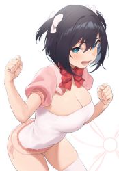 Rule 34 | 1girl, ass, black hair, blue eyes, bow, bowtie, breasts, butt crack, cleavage, commentary request, hair between eyes, large breasts, looking at viewer, lower teeth only, nekoshoko, open mouth, original, puffy short sleeves, puffy sleeves, red bow, red bowtie, ribbon, shirt, short hair, short sleeves, simple background, solo, teeth, thighhighs, two side up, white background, white ribbon, white shirt, white thighhighs