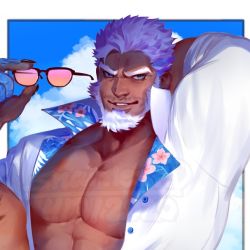 Rule 34 | 1boy, abs, aegir (housamo), bara, beard, blue eyes, dark-skinned male, dark skin, earrings, facial hair, jewelry, large pectorals, looking at viewer, male focus, muscular, nipples, open clothes, open shirt, pectorals, shirt, simple background, sleeves rolled up, smile, snartles, solo, tokyo houkago summoners, white hair