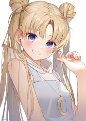 Rule 34 | 1girl, bad id, bad twitter id, bishoujo senshi sailor moon, blonde hair, blue eyes, blush, crescent, crescent necklace, double bun, earrings, grin, hair bun, hand up, highres, hood, hood down, jewelry, long hair, looking at viewer, necklace, playing with own hair, ryota (ry o ta), signature, smile, solo, tsukino usagi, twintails, upper body, white background