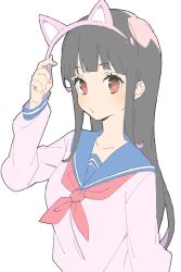 Rule 34 | 1girl, absurdres, bad id, bad twitter id, black hair, blue sailor collar, blunt bangs, blush, closed mouth, donguri suzume, hairband, hand up, highres, long hair, long sleeves, looking at viewer, neckerchief, red eyes, red neckerchief, sailor collar, school uniform, serafuku, shirt, simple background, solo, standing, unworn hairband, upper body, white background, white shirt