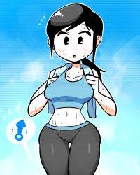 Rule 34 | 1girl, :o, black hair, blush, breasts, colored skin, erection, hiryou man (crap-man), large breasts, leggings, midriff, navel, nintendo, open mouth, pale skin, ponytail, sexually suggestive, surprised, tank top, thought bubble, towel, white skin, wii fit, wii fit trainer, wii fit trainer (female)