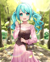 Rule 34 | 1girl, alternate hair length, alternate hairstyle, aqua eyes, aqua hair, bag, commentary, cowboy shot, day, dress, falling leaves, flower, hair flower, hair ornament, hand up, hatsune miku, highres, jewelry, leaf, lens flare, long hair, looking at viewer, matatabi dango, necklace, open mouth, outdoors, pink dress, shoulder bag, smile, solo, stone floor, tree, twintails, vocaloid