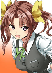 Rule 34 | 1girl, ahoge, artist name, blush, bow, breast pocket, breasts, brown hair, close-up, collared shirt, dated, gloves, gradient background, green ribbon, grey vest, hair bow, hand on own hip, highres, kagerou (kancolle), kamelie, kantai collection, leaning forward, looking at viewer, medium breasts, multicolored hair, neck ribbon, open mouth, orange background, parted bangs, pocket, ribbon, school uniform, shirt, sidelocks, signature, simple background, solo, tsurime, two-tone hair, upper body, vest, white gloves, wing collar, yellow bow