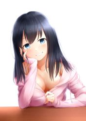 Rule 34 | 1girl, arm rest, bare shoulders, black hair, blue eyes, breasts, cleavage, clenched teeth, collarbone, commentary, eyebrows hidden by hair, fingernails, hair between eyes, hair over shoulder, hand on own face, hand up, highres, hood, hoodie, long sleeves, looking at viewer, no bra, off shoulder, open clothes, open hoodie, open mouth, original, pink hoodie, simple background, sleeves past wrists, solo, table, teeth, upper body, white background, wooden table, yaaben