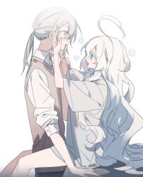 Rule 34 | 1boy, 1girl, asphyxia17, blue eyes, hand on another&#039;s cheek, hand on another&#039;s face, highres, long hair, looking at another, open mouth, original, simple background, sitting, sitting on person, very long hair, white background, white eyes, white hair