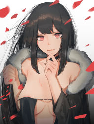 Rule 34 | 1girl, absurdres, areola slip, bare shoulders, black collar, black dress, black hair, black jacket, breasts, center opening, choker, collar, dress, fate/grand order, fate (series), fur-trimmed jacket, fur trim, highres, jacket, light smile, long hair, looking at viewer, medium breasts, mmmmmkun, petals, revealing clothes, solo, strap gap, strapless, strapless dress, tattoo, upper body, very long hair, wind, yu mei-ren (fate)