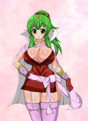 Rule 34 | 1girl, alternate breast size, breasts, bursting breasts, cleavage, female focus, fire emblem, fire emblem awakening, green hair, huge breasts, looking at viewer, nintendo, pointy ears, solo, standing, storeithuo, tagme, thighhighs, tiki (fire emblem)