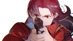 Rule 34 | 1girl, aiming, aiming at viewer, angry, biiko (king1015g), black hair, brown eyes, collar, collared jacket, commentary request, gun, handgun, highres, holding, holding gun, holding weapon, jacket, katsuragi misato, long hair, long sleeves, looking at viewer, neon genesis evangelion, open mouth, parted bangs, pistol, red jacket, simple background, solo, upper body, weapon, white background