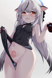 Rule 34 | 1girl, absurdres, animal ears, black dress, black hair, blue archive, blush, breasts, clothes lift, clothing cutout, commentary, dress, dress lift, gradient background, grey background, grey hair, groin, halo, highres, kokona (blue archive), lifted by self, long hair, looking at viewer, multicolored hair, navel, nekodama2000, open mouth, orange eyes, pelvic curtain, pubic tattoo, sleeveless, sleeveless dress, small breasts, solo, streaked hair, striped clothes, striped dress, tattoo, tears, thighs, vertical-striped clothes, vertical-striped dress