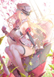 Rule 34 | 1girl, anchor necklace, aqua eyes, armpit crease, backlighting, bismarck (kancolle), black gloves, black panties, blonde hair, breasts, commentary, cross, cup, detached sleeves, drinking glass, floating hair, full body, gloves, grey shirt, grey thighhighs, grin, hair between eyes, hat, highres, holding, holding cup, iron cross, jewelry, kantai collection, legs together, lips, long hair, looking at viewer, medium breasts, military hat, necklace, off shoulder, panties, panty straps, peaked cap, petals, pulp piroshi, ship, shirt, side-tie panties, sideboob, sitting, smile, solo, thighhighs, thighs, underwear, watercraft, white background, white hat, wind, wine glass