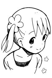 Rule 34 | 1girl, akamatsu yui, blush, collarbone, commentary request, cropped torso, flower, greyscale, hair flower, hair ornament, high contrast, highres, katsuwo (cr66g), looking at viewer, mitsuboshi colors, monochrome, shirt, side ponytail, simple background, smile, solo, star (symbol), white background
