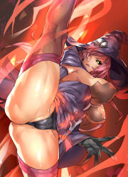 Rule 34 | 1girl, absurdres, ass, black sclera, blazblue, blazblue: central fiction, breasts, cameltoe, colored sclera, gloves, hat, highres, konoe a. mercury, leg lift, long hair, parted lips, pink hair, pokkora, purple hair, solo, spread legs, thick thighs, thighhighs, thighs, witch hat, yellow eyes