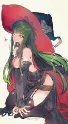 Rule 34 | 10s, bare shoulders, c.c., cleavage cutout, clothing cutout, code geass, cosplay, creayus, elbow gloves, gloves, granblue fantasy, green hair, hat, magisa (granblue fantasy), magisa (granblue fantasy) (cosplay), witch hat, yellow eyes