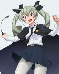 Rule 34 | 10s, 1girl, anchovy (girls und panzer), aya shachou, belt, blush, brown eyes, drill hair, girls und panzer, green hair, hair ribbon, jacket, jacket on shoulders, long hair, looking at viewer, military, military uniform, necktie, open mouth, pantyhose, ribbon, riding crop, skirt, smile, solo, twin drills, twintails, uniform