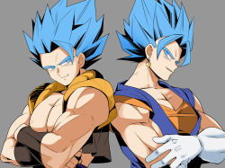 Rule 34 | 2boys, back-to-back, bad id, bad pixiv id, bare arms, blue eyes, blue hair, crossed arms, dougi, dragon ball, dragonball z, earrings, gloves, gogeta, grey background, head tilt, jewelry, kanekiyo miwa, looking away, male focus, multiple boys, muscular, nipples, parted lips, pectorals, potara earrings, profile, shaded face, simple background, smile, spiked hair, super saiyan, super saiyan blue, upper body, vegetto, waistcoat, white gloves, wristband