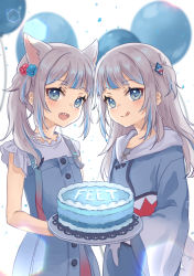 Rule 34 | 2girls, :d, animal ears, asymmetrical hair, balloon, birthday, birthday cake, blue eyes, blue hair, blue hoodie, blue skirt, blush, cake, cat ears, commentary, cowboy shot, cube hair ornament, dual persona, english commentary, fins, fish tail, flat chest, food, gawr gura, gawr gura (1st costume), gawr gura (casual), grey hair, hair ornament, happy birthday, hexagon, highres, holding, holding cake, holding food, hololive, hololive english, hood, hood down, hoodie, kemonomimi mode, licking lips, long hair, looking at viewer, medium hair, multicolored hair, multiple girls, official alternate costume, open mouth, shark hair ornament, shark print, shark tail, sharp teeth, shirt, short twintails, side ponytail, simple background, skirt, skirt set, sleeveless, sleeveless shirt, smile, standing, streaked hair, tail, teeth, ten-chan (eternal s), tongue, tongue out, twintails, two-tone hair, two side up, upper teeth only, virtual youtuber, white background, white shirt