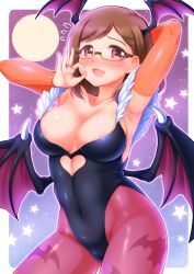 Rule 34 | 1girl, arakawa tarou, blush, breasts, brown hair, capcom, character request, cleavage, commentary request, copyright request, cosplay, glasses, happy, head wings, highres, looking at viewer, medium breasts, medium hair, morrigan aensland, morrigan aensland (cosplay), open mouth, pantyhose, precure, print pantyhose, sakuragawa saki, smile, solo, standing, tropical-rouge! precure, vampire (game), wings