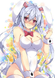 Rule 34 | 1girl, ahoge, animal ears, blush, breasts, cleavage, collar, covered navel, fake animal ears, highres, leotard, long hair, looking at viewer, matoi (pso2), milkpanda, phantasy star, phantasy star online 2, playboy bunny, rabbit ears, red eyes, silver hair, sitting, smile, solo, thighhighs, white thighhighs, wrist cuffs