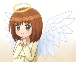 Rule 34 | 1girl, angel wings, brown hair, dress, eyebrows, eyebrows hidden by hair, halo, hands on own chest, lovemeru1824, mermaid melody pichi pichi pitch, mikaru (mermaid melody pichi pichi pitch), simple background, smile, tears, wings