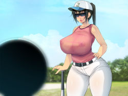 Rule 34 | 1girl, baseball, baseball bat, baseball cap, black hair, blush, breasts, cloud, covered erect nipples, day, feet out of frame, female focus, grass, groin, hair between eyes, hand on own hip, hat, high ponytail, huge breasts, legs, no bra, one side up, open mouth, original, outdoors, see-through, sky, sleeveless, solo, standing, sunglasses, thighs, tree, wide hips, yoko juusuke