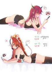 Rule 34 | 2girls, animal ears, ass, black hair, blush, breasts, choker, cleavage, commentary, english commentary, hakos baelz, heart, highres, holding, holding phone, hololive, hololive english, horns, irys (hololive), large breasts, lying, medium breasts, mouse ears, mouse girl, mouse tail, multiple girls, on stomach, phone, red hair, s7nsles, short shorts, shorts, simple background, speech bubble, spoken heart, tail, thighhighs, virtual youtuber, white background, white hair