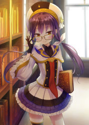 Rule 34 | 1girl, adjusting eyewear, asymmetrical legwear, beret, black gloves, black thighhighs, blush, book, bookshelf, capelet, closed mouth, collared shirt, commentary request, day, frilled skirt, frills, glasses, glint, gloves, hair ribbon, hat, heart, holding, holding book, indoors, layered skirt, library, long hair, long sleeves, looking at viewer, low twintails, multicolored clothes, multicolored skirt, necktie, original, pleated skirt, purple hair, red necktie, ribbon, sakusaku, shirt, single thighhigh, skirt, smile, solo, standing, thighhighs, tsurime, twintails, uneven legwear, white hat, white ribbon, white shirt, white skirt, wide sleeves, window, yellow-framed eyewear, yellow eyes