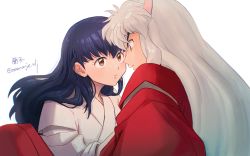 Rule 34 | 1boy, 1girl, absurdres, animal ears, black hair, brown eyes, closed mouth, couple, face-to-face, from side, hetero, highres, higurashi kagome, inuyasha, inuyasha (character), japanese clothes, long hair, looking at another, looking up, miko, oooranje nlj, profile, signature, silver hair, sitting, upper body, very long hair, white background
