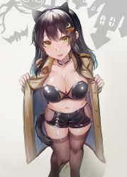 Rule 34 | 1girl, :d, absurdres, alternate costume, animal ears, black hair, black nails, black shorts, breasts, brown thighhighs, cleavage, coat, collarbone, commentary request, extra ears, fang, green eyes, hair ornament, hairclip, halloween, halloween costume, highres, interstellar, jacket, kantai collection, large breasts, long hair, looking at viewer, midriff, mole, nail polish, navel, open clothes, open mouth, oyashio (kancolle), short shorts, shorts, smile, solo, standing, strapless, tail, thighhighs