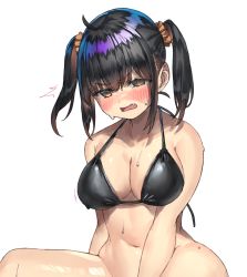 Rule 34 | 1girl, ^^^, ahoge, bare arms, bare shoulders, bikini, bikini top only, black bikini, black hair, blush, bottomless, breasts, brown eyes, brown scrunchie, cleavage, collarbone, commentary request, fang, groin, hair ornament, hair scrunchie, highres, medium breasts, navel, open mouth, original, out-of-frame censoring, ranf, scrunchie, simple background, solo, sweat, swimsuit, twintails, wavy mouth, white background