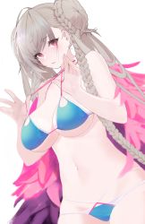 Rule 34 | 1girl, ahoge, alternate costume, amejaga, azur lane, bikini, bikini pull, blue bikini, blush, braid, breasts, cleavage, closed mouth, clothes pull, double bun, formidable (azur lane), formidable (the lady of the beach) (azur lane), grey hair, hair bun, highres, large breasts, long hair, looking at viewer, navel, pulled by self, red eyes, simple background, solo, swimsuit, twin braids, very long hair, white background