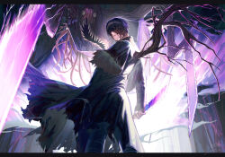 Rule 34 | 1boy, black gloves, black hair, black pants, black robe, covered eyes, cowboy shot, dagger, e.g.o (project moon), facing back, facing viewer, fingerless gloves, from behind, from below, gloves, highres, holding, holding dagger, holding knife, holding weapon, knife, letterboxed, limbus company, male focus, missing limb, monster, mutation, pants, project moon, purple theme, robe, satome setsuko, scar, scar on face, sharp teeth, short hair, signature, solo, standing, teeth, torn clothes, torn robe, torn sleeves, weapon, wind, yi sang (project moon)