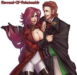 Rule 34 | 10s, 1boy, 1girl, beard, blue eyes, breasts, brown eyes, brown hair, cleavage, clothes grab, coat, facial hair, fate/apocrypha, fate/extra, fate (series), francis drake (fate), gloves, hand in own hair, pink hair, renaissance clothes, scar, servant of fate, smile, toggles, transparent background, watermark, web address, william shakespeare (fate)