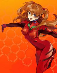Rule 34 | 1girl, blue eyes, bodysuit, breasts, curvy, fang, floating hair, hair ornament, hexagon, highres, kamaya, long hair, medium breasts, neon genesis evangelion, open mouth, orange hair, outstretched arms, plugsuit, smile, solo, souryuu asuka langley, spread arms, twintails, two side up