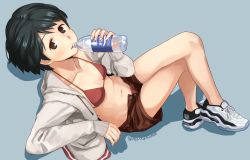 Rule 34 | 1girl, bad id, bad pixiv id, bikini, bikini under clothes, black hair, blue background, bottle, brown bikini, brown eyes, brown shorts, drinking, hood, hooded jacket, hoodie, jacket, kantai collection, looking at viewer, makio (makiomeigenbot), mogami (kancolle), open clothes, open fly, open jacket, pocari sweat, shadow, shoes, short hair, shorts, simple background, sitting, sneakers, solo, swimsuit, swimsuit under clothes, twitter username, white footwear, white jacket