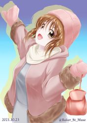 Rule 34 | 1girl, absurdres, arm up, bag, baker st muse, beanie, blue background, brown eyes, brown hair, casual, coat, dated, dress, girls und panzer, grey dress, handbag, hat, head back, highres, holding, looking at viewer, mittens, nishizumi miho, open mouth, pink coat, pink hat, pink mittens, scarf, short hair, silhouette, smile, solo, standing, twitter username, white scarf, winter clothes