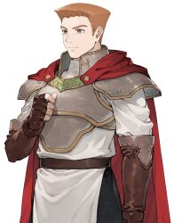 Rule 34 | 1boy, armor, artist request, atelier (series), atelier marie, belt, breastplate, brown belt, brown gloves, brown hair, cape, closed mouth, elbow gloves, fingerless gloves, flattop, gloves, green eyes, hallesch sleiman, male focus, official art, pauldrons, red cape, short hair, shoulder armor, simple background, smile, solo, standing